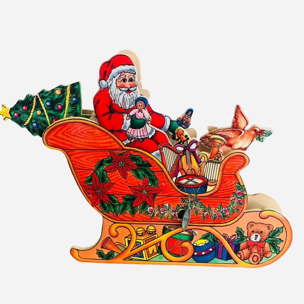 Wooden Musical Santa Claus With Presents In Sleigh 9" x 8"